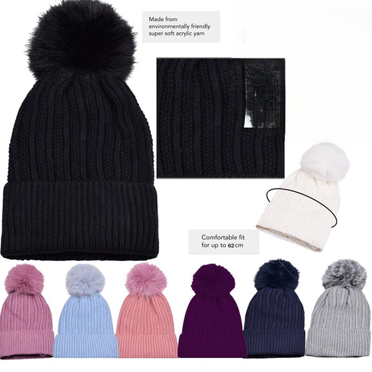 Girl Knitted Beanie Hat Kids Warm Winter FAUX FUR POM POM Cap