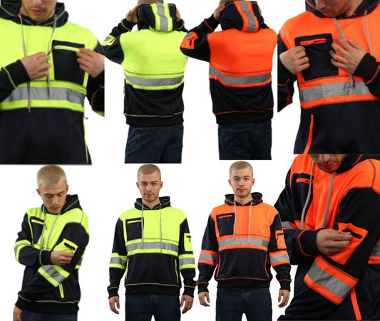 Collage of people wearing high-visibility jackets in yellow, orange, and black.