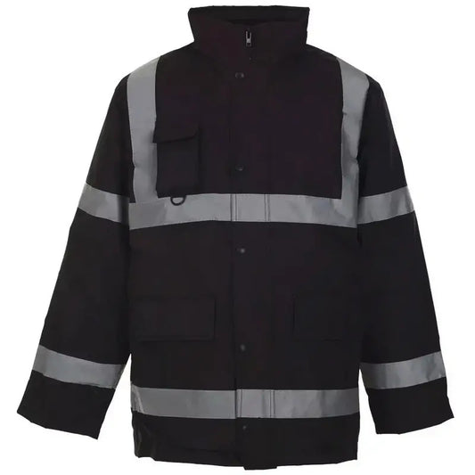 Black safety jacket with reflective stripes on a white background