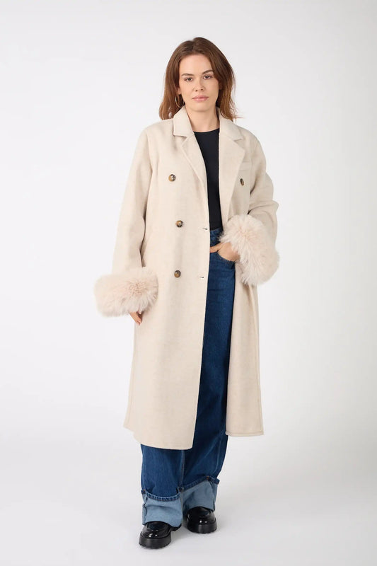 Ladies Classic Premium Wool Double-breasted Coat With Fur Sleeves Coat