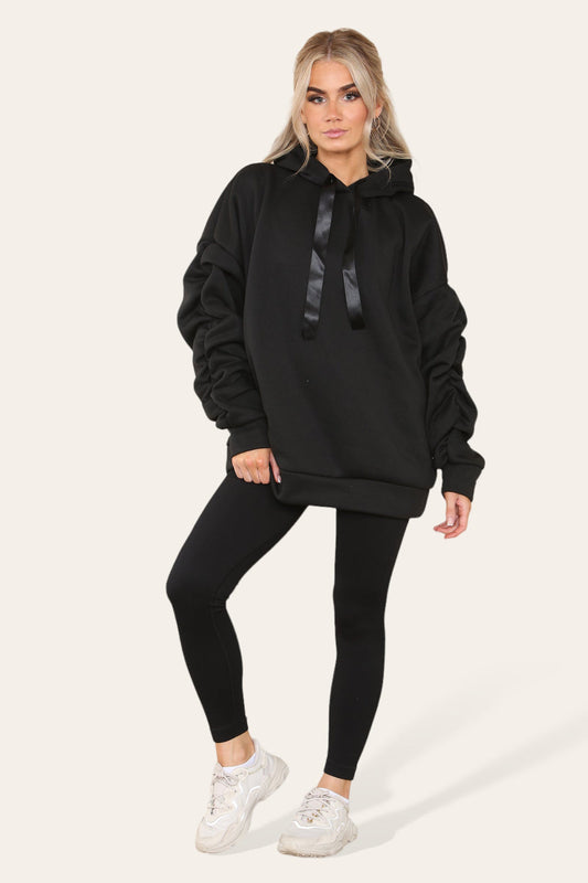Ladies Oversized Ruched Sleeves Hoodie With Satin Ribbon & High Waist Legging Set
