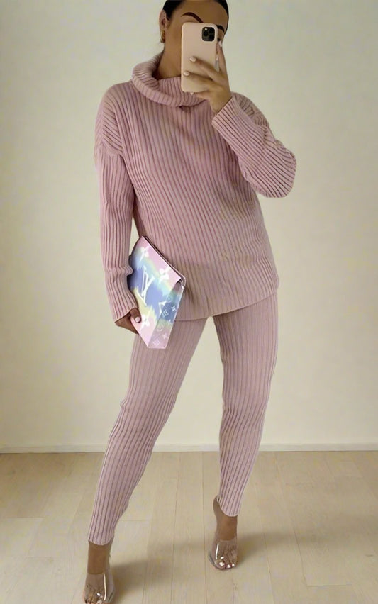 Ladies Polo High Neck Chunky Knitted Ribbed Top Leggings Loungewear Suit Set