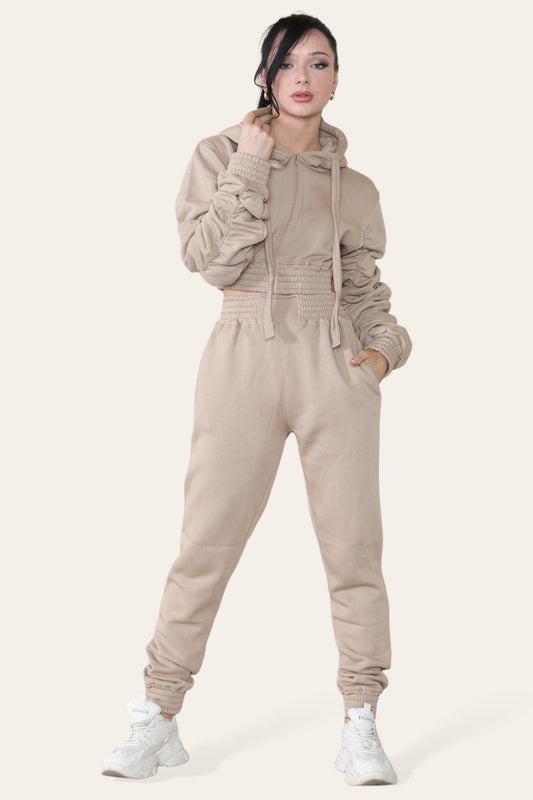Ladies Ruched Sleeves Cropped Hoodie and Cuffed Bottom Loungewear Tracksuit Set