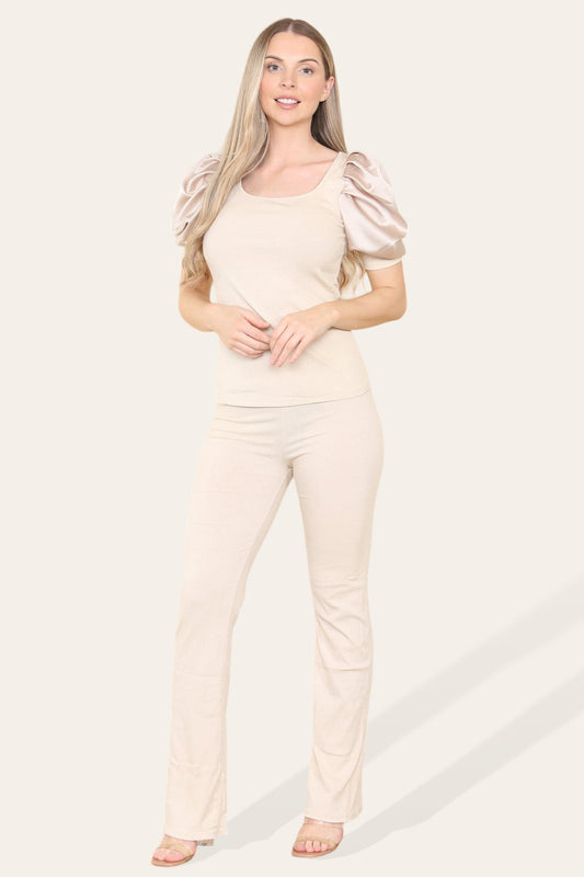 Ladies Silky Satin Puff Short Sleeves Ribbed Lounge Tracksuit Set