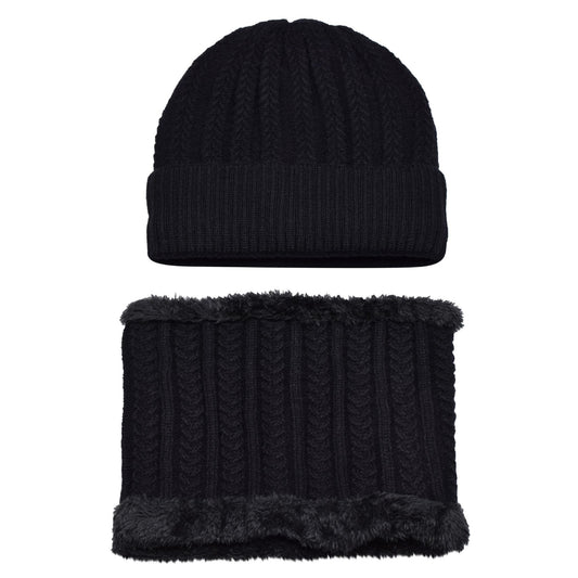 Unisex Fur Lined Cable Knit Beanie Hat And Neck Warmer Set