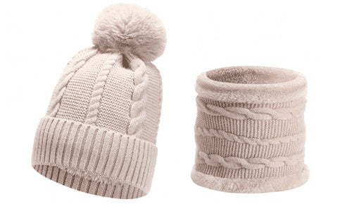 Unisex fur lined Knit hat and scarf set winter beanie wool Cap One Size