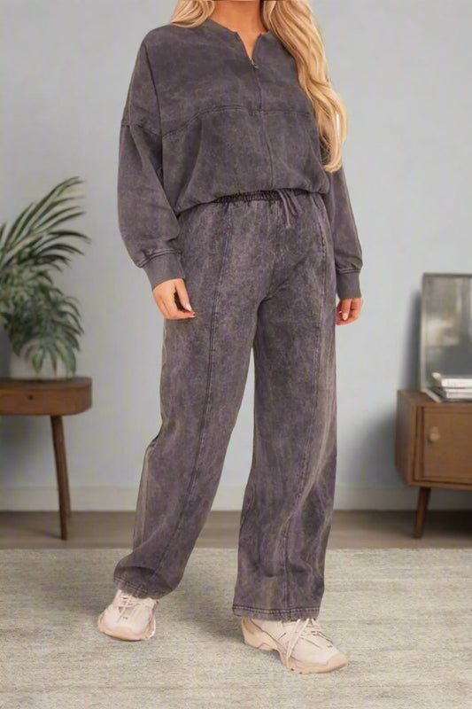 Women's Acid Wash Fleece Front Zip Bomber Sweatshirt & Joggers Loungewear Co-Ord Set