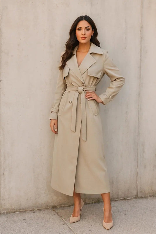Women Trench Coat Double Breasted Button With Belt Long Duster Waterfall Jacket