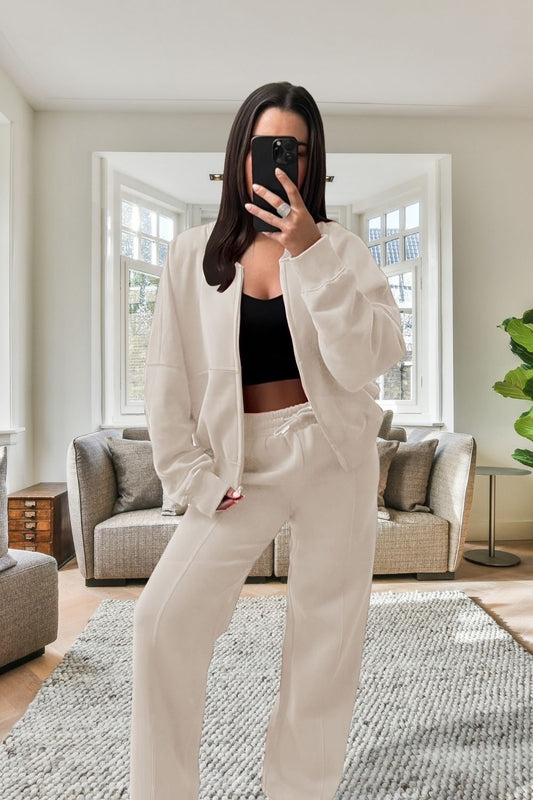 Women's Bomber Oversized Fleece Zipper and Wide Leg Trouser Tracksuit