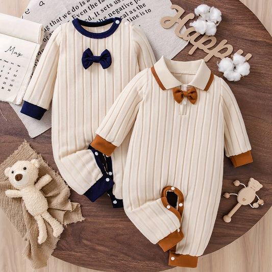 Baby 2pcs Bodysuit Ribbed Knit Color-Block Turnover Collar Brushed Romper