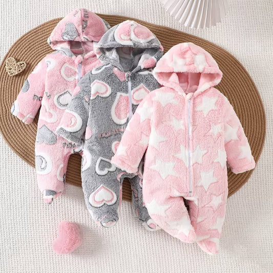 Baby Set of 3 Bodysuits Love & Star Pattern Stylish Kids Zip up Hooded Jumpsuit