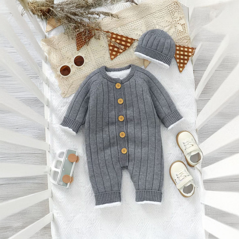 Baby's Button Front Warm Lining Casual Knitted Romper Infant Boy's Bodysuit