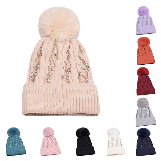 Girl Zigzag Pompom Beanie Hat Warm Winter FAUX FUR POM POM Cap