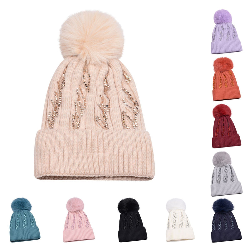Girl Zigzag Pompom Beanie Hat Warm Winter FAUX FUR POM POM Cap