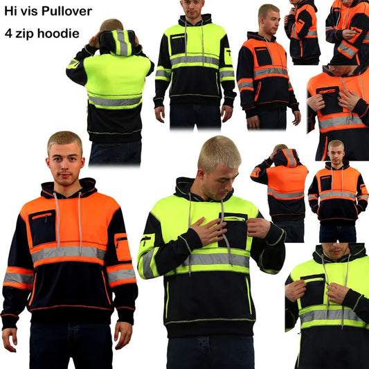 Collage of Hi Vis Pullover 4 zip hoodies in various colors worn by models.