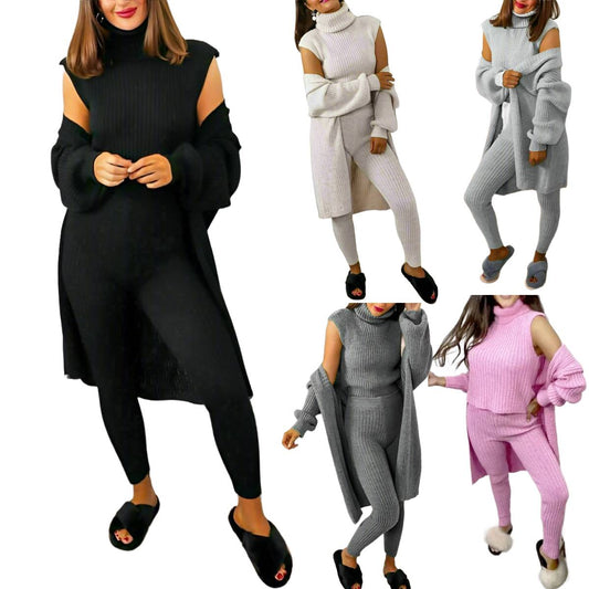 Collage of women wearing different color combinations of sweaters and pants.