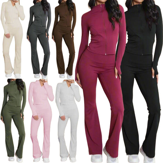 Ladies Active Zip Top and Push Up Flared Trousers Ruched Bum Gym Tracksuit Set