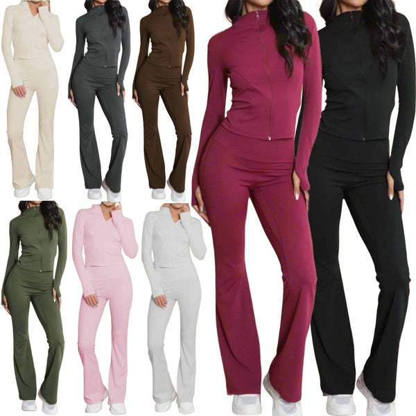 Ladies Active Zip Top and Push Up Flared Trousers Ruched Bum Gym Tracksuit Set