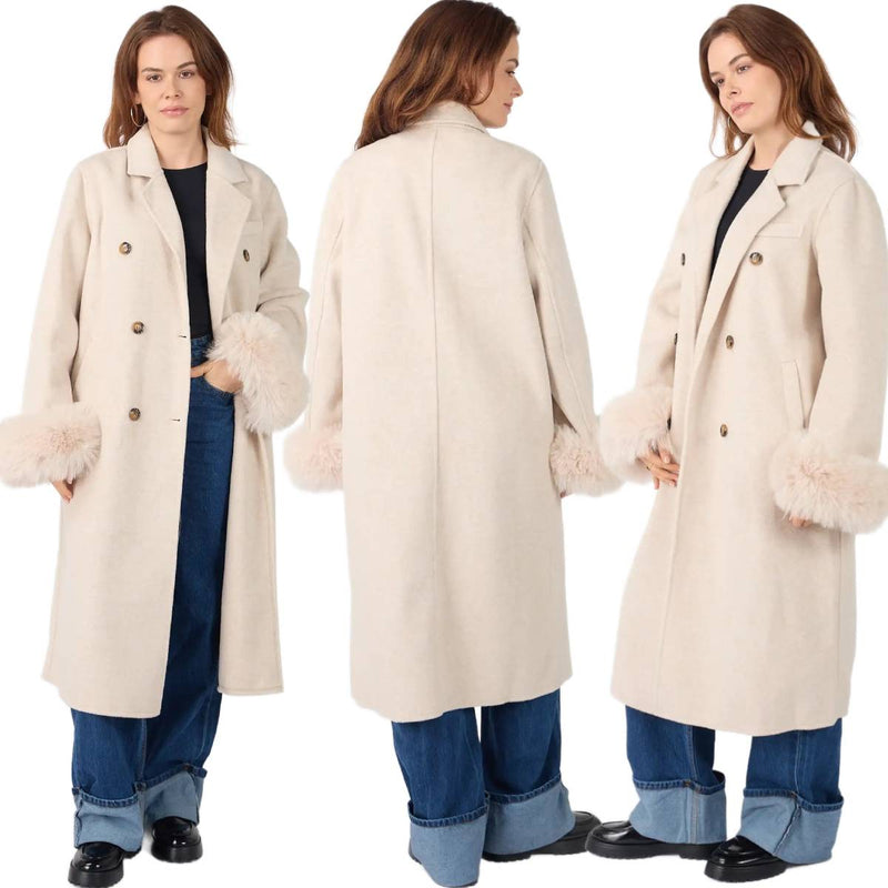 Ladies Classic Premium Wool Double-breasted Coat With Fur Sleeves Coat