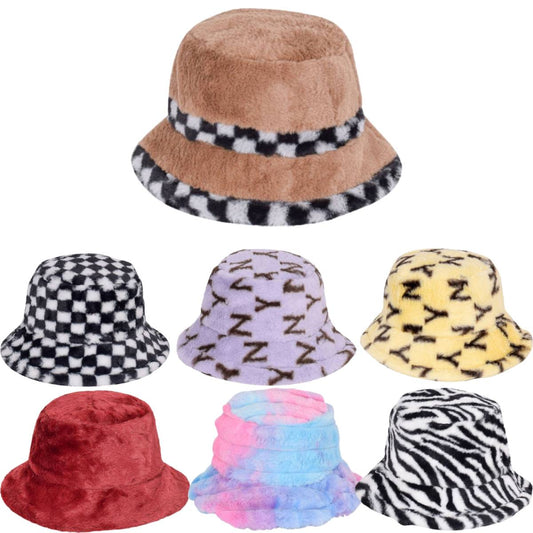 Ladies Fluffy Trim Thick Faux Fur Large Brim Bucket Winter Hat