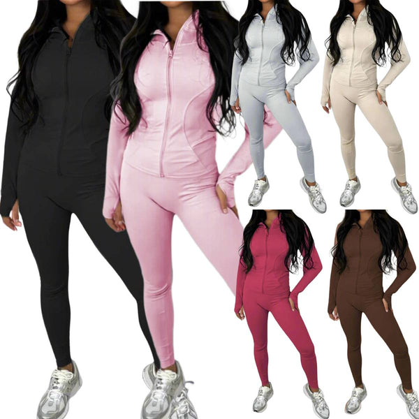 Ladies Front Zip Long Sleeves Top And Leggings Sport Gym Tracksuit Set