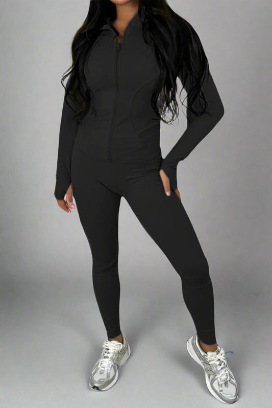Ladies Front Zip Long Sleeves Top And Leggings Sport Gym Tracksuit Set