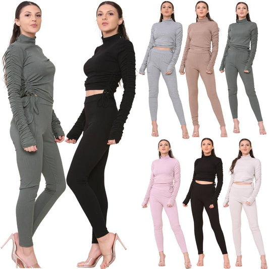 Ladies High Neck Ruched Side Arm Solid Drawstrings Ribbed Tee and Leggings Set