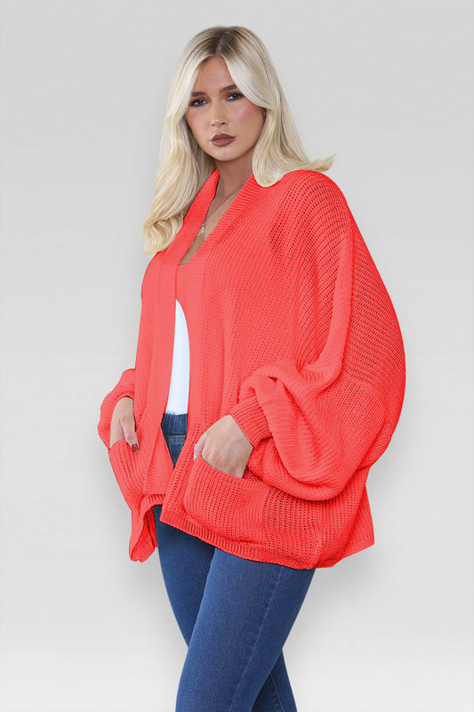 Ladies Oversized Cropped Open Front Cardigan Balloon Pocket Chunky Knitted Top
