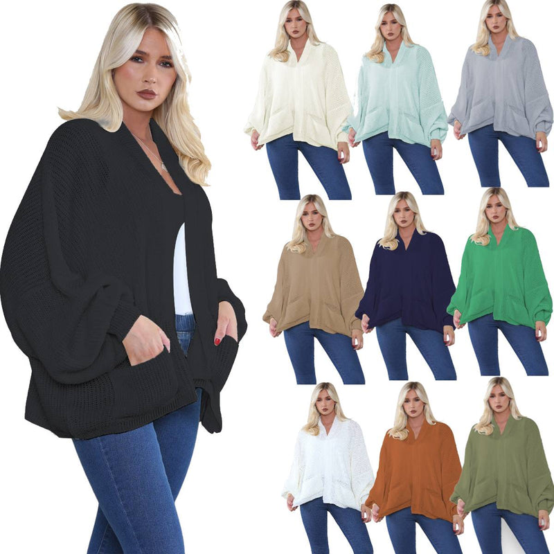 Ladies Oversized Cropped Open Front Cardigan Balloon Pocket Chunky Knitted Top
