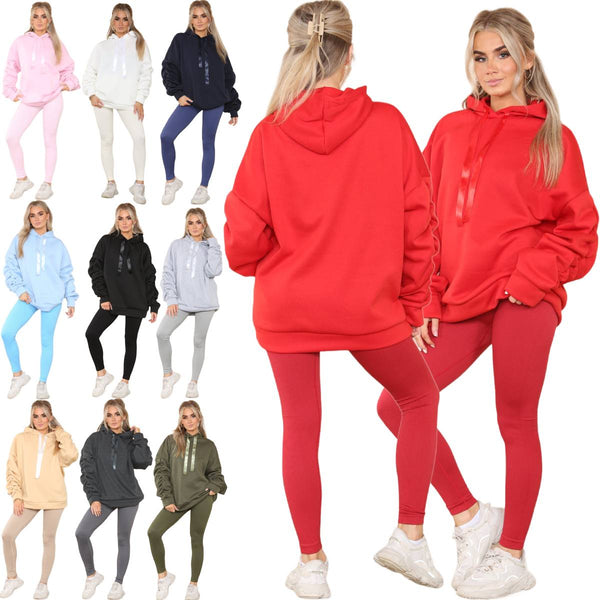Ladies Oversized Ruched Sleeves Hoodie With Satin Ribbon & High Waist Legging Set