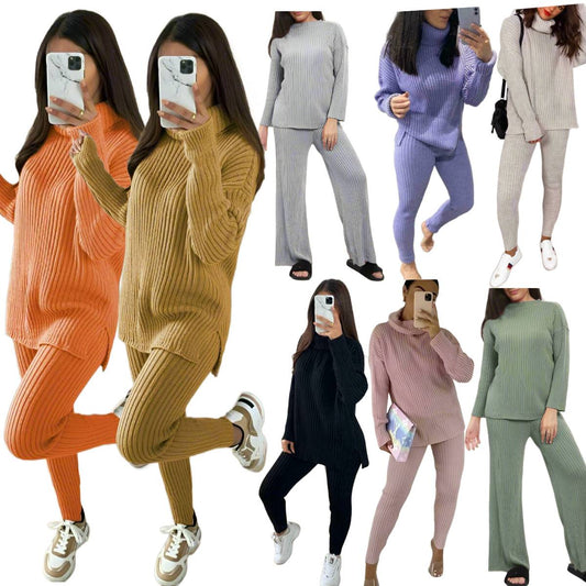 Ladies Polo High Neck Chunky Knitted Ribbed Top Leggings Loungewear Suit Set