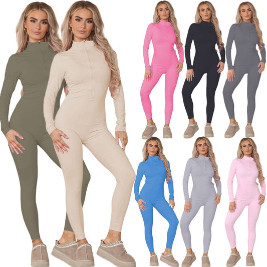 Ladies Ribbed High Neck Zipper Collar Jumpsuit Front Unitard Set