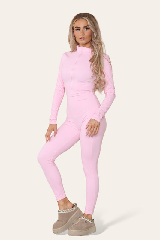 Ladies Ribbed High Neck Zipper Collar Jumpsuit Front Unitard Set