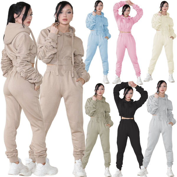 Ladies Ruched Sleeves Cropped Hoodie and Cuffed Bottom Loungewear Tracksuit Set