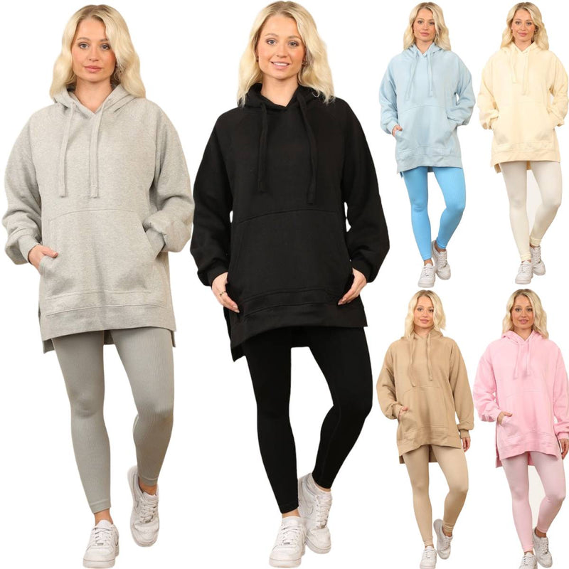 Ladies Side Split Front Pocket Over Size Hoodie Pullover Baggy Top