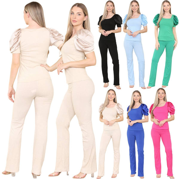 Ladies Silky Satin Puff Short Sleeves Ribbed Lounge Tracksuit Set