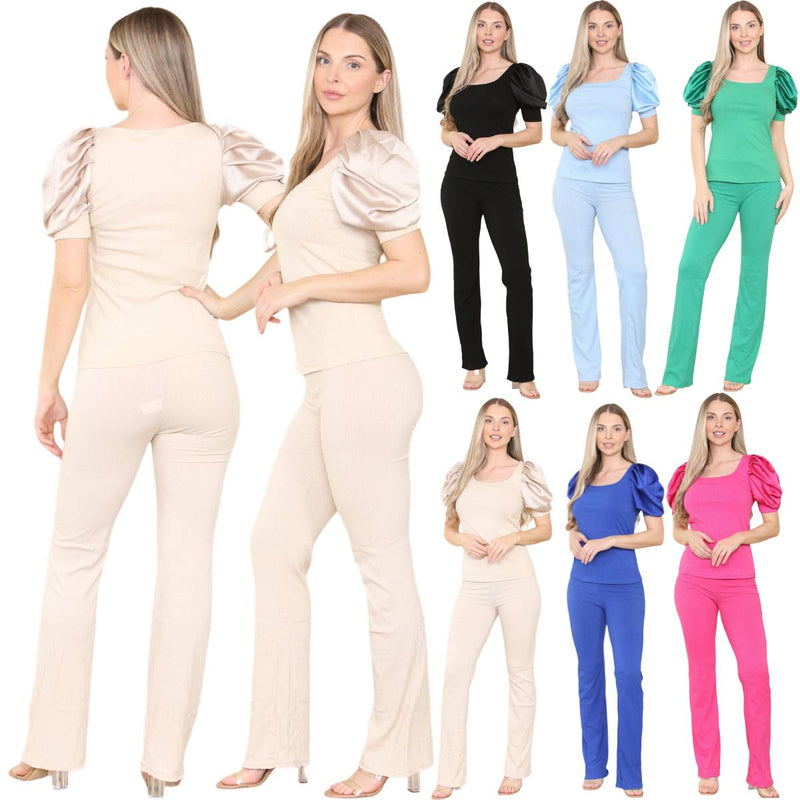 Ladies Silky Satin Puff Short Sleeves Ribbed Lounge Tracksuit Set