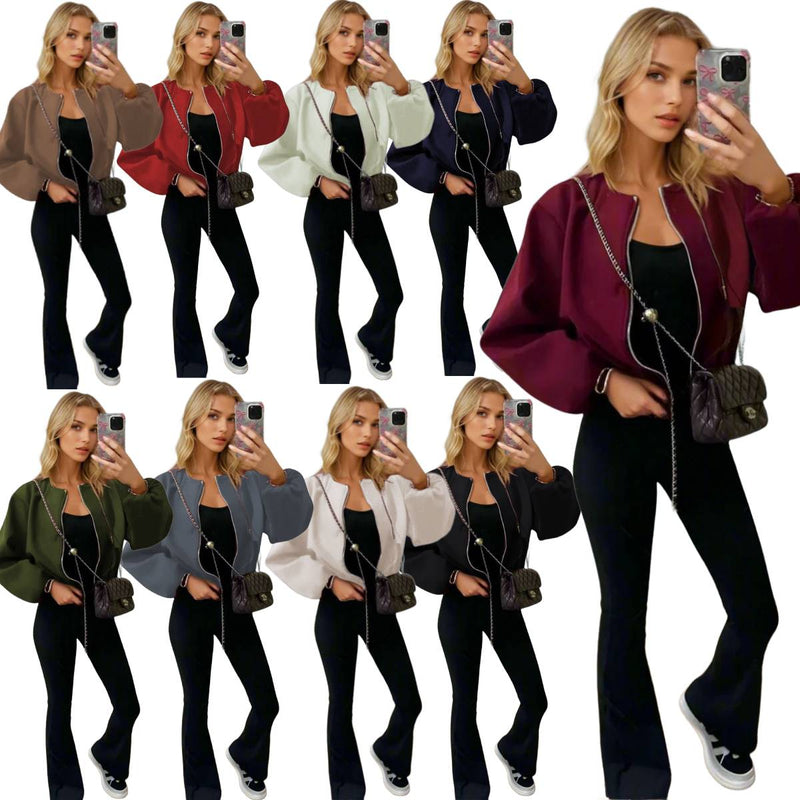 Ladies Stylish Zip Up Jacket Balloon Puff Sleeve Bomber Top