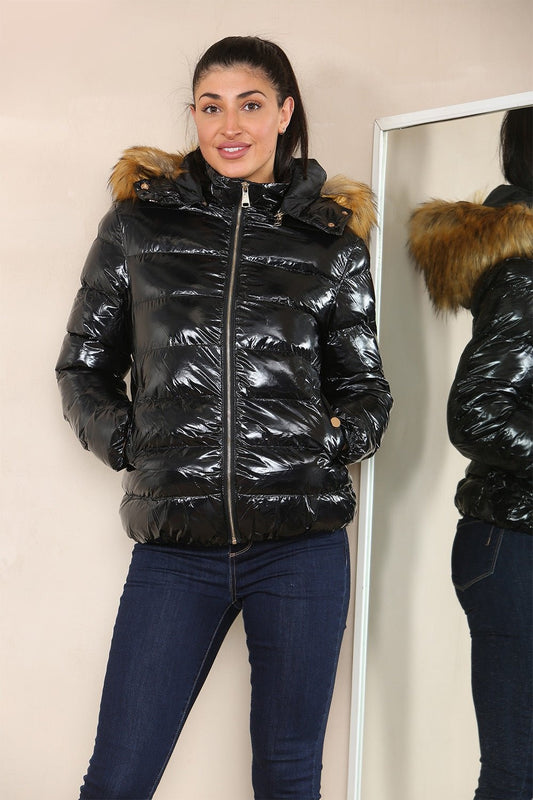 Ladies Wet Look Puffer padded Hooded Jacket with Faux Fur Shinny Jacket