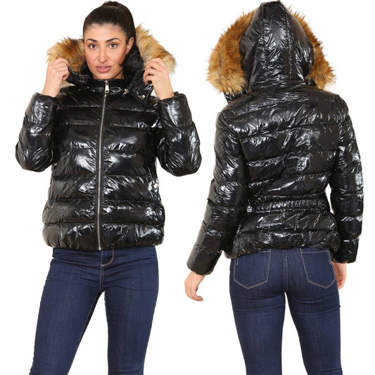Ladies Wet Look Puffer padded Hooded Jacket with Faux Fur Shinny Jacket
