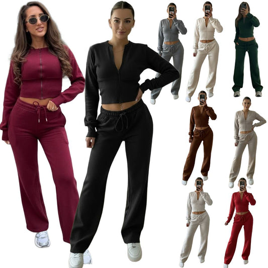 Ladies Cropped Zip Up Sweatshirt & Wide Leg Zip Co-ords Tracksuit