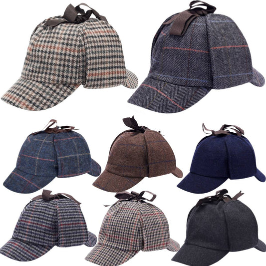 Men's Check Deer Stalker Hat Strand Detective Cap Tweed Wool Hat