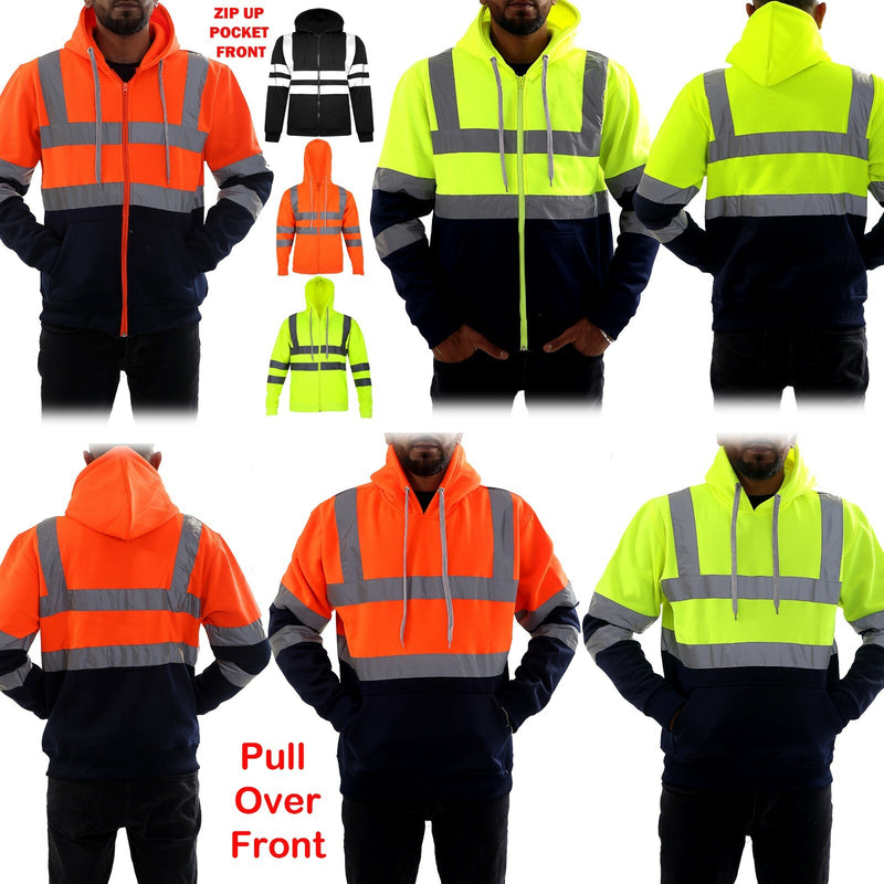 Men's Hi Vis Hoodie Fluorescent Work wear Safety Sweatshirt Pull Over Zip Pocket Hoodies