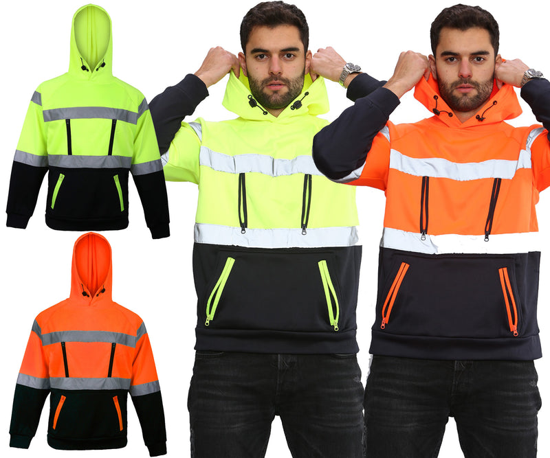 Men's Hi Visibility 4 Zip Pullover Hoodie Hi Vis Safety Work wear Hoodie
