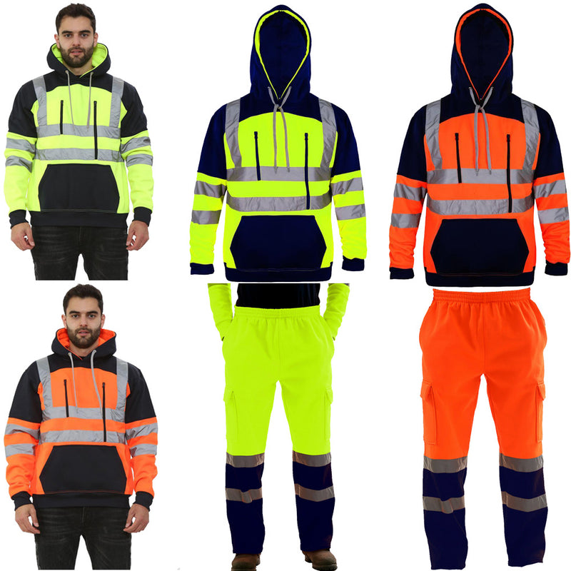 Men's Hi Viz 2 Zips Pullover Tablets Fleece Hoodie Safety Workwear Tracksuit Set