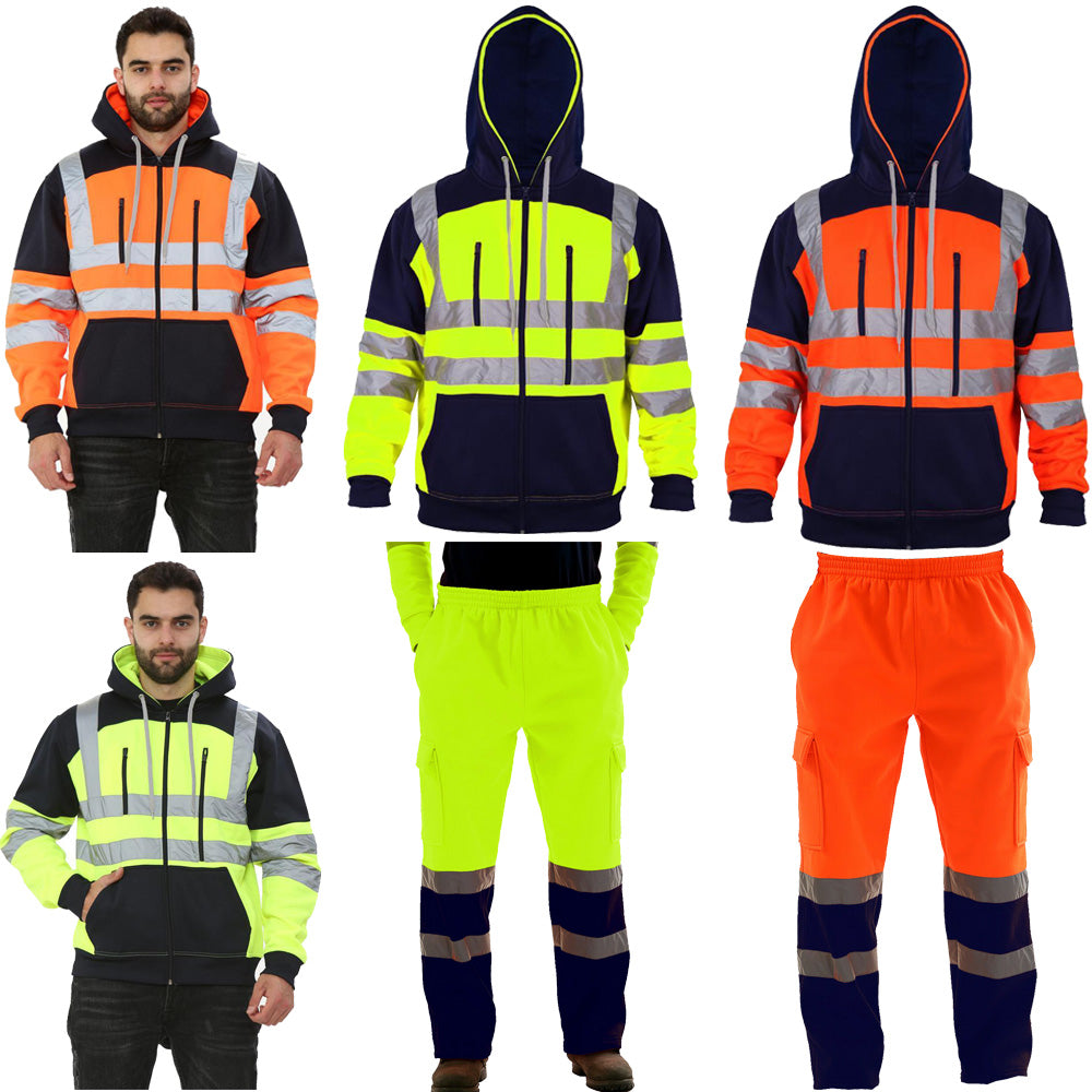 Two sets of reflective safety jackets and pants on a white background
