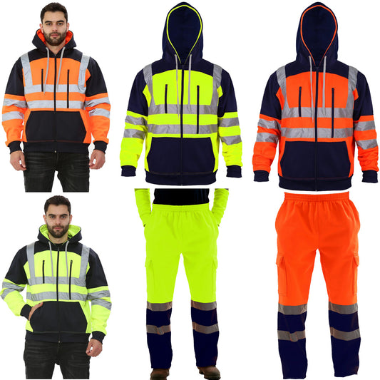 Two sets of reflective safety jackets and pants on a white background