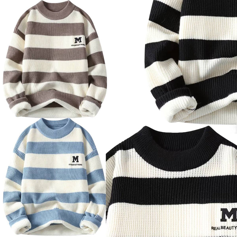 Men's Winter Striped Sweater Round Neck Casual Warm Knitwear Jumper