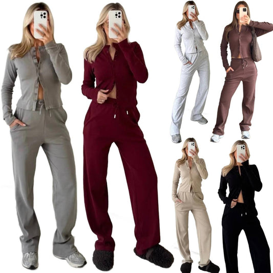 Ladies Molly Button Long Sleeves Ribbed Wide Leg Trouser Co-ord Set
