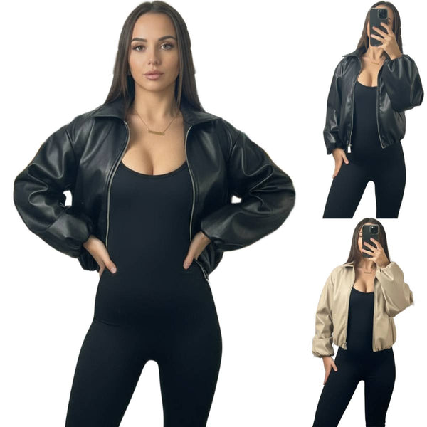 Women's PU Faux Leather Bomber Jacket with Stand Collar